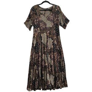 Vtg STARINA Women 90s Maxi Dress Sz M Brown Cottagecore Flowy Short Sleeve 75-19
